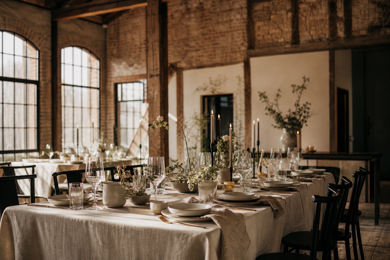 Stimmungsvoll gedeckter Tisch in einer modernen Eventlocation