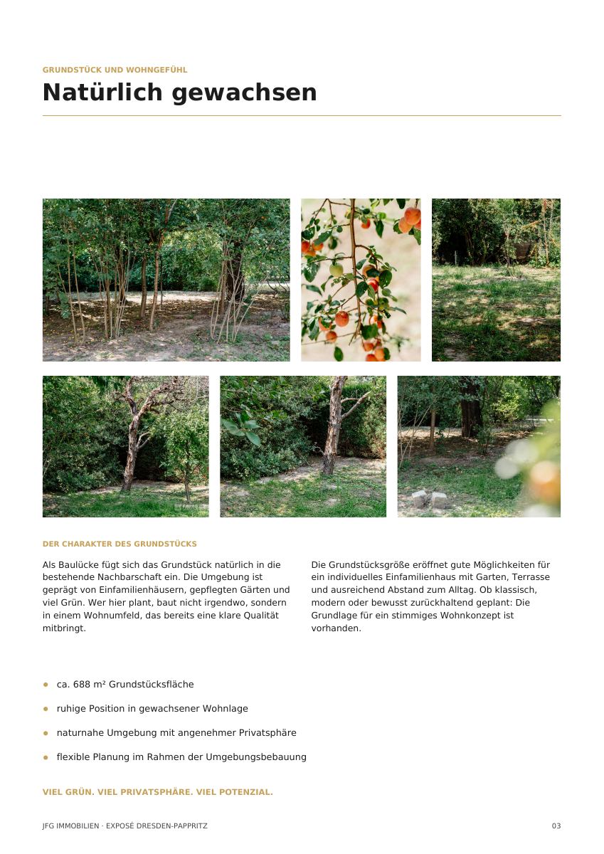Innenseite des JFG-Exposés mit Fotos des grünen Grundstücks in Dresden-Pappritz