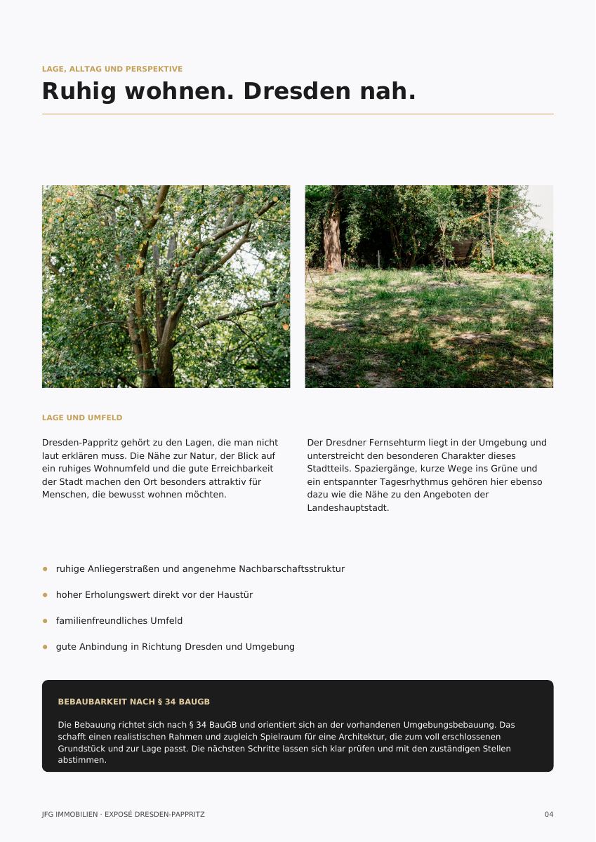 Innenseite des JFG-Exposés mit Bildern und Informationen zur Lage in Dresden-Pappritz