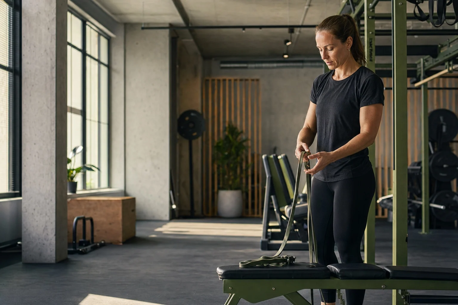 Trainierende Frau an einem Fitnessgerät im Studio