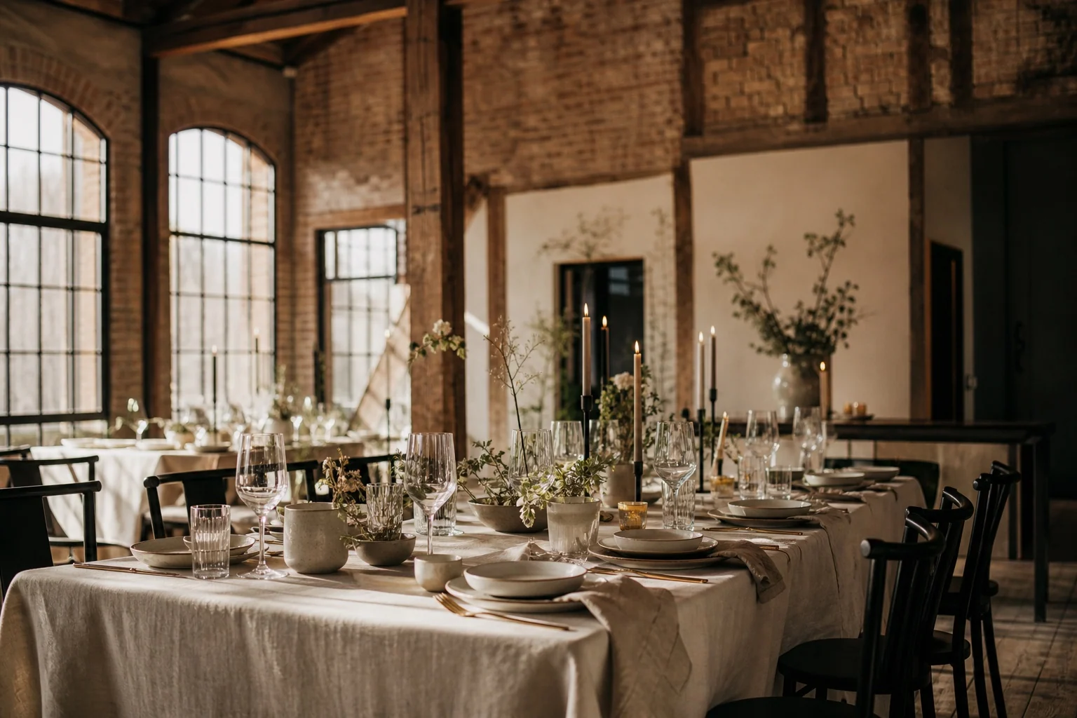Stimmungsvoll gedeckter Tisch in einer modernen Eventlocation